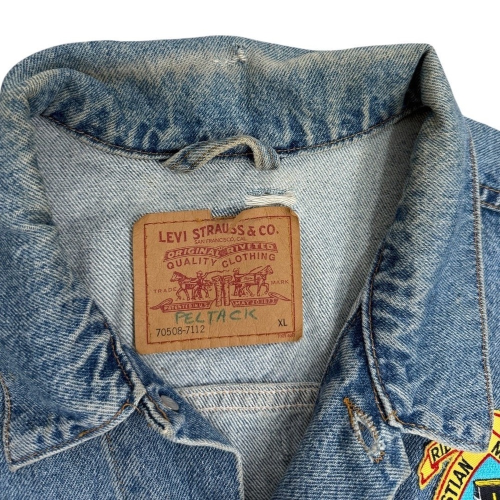 Vintage Levis Denim Vest XL Riding For Christian Motorcycles Patches Harley Pins - Picture 2 of 16